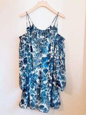 Anthropologie Bailey-44 Floral Vneck Chiffon Toile Dress Longsleeve Blue
